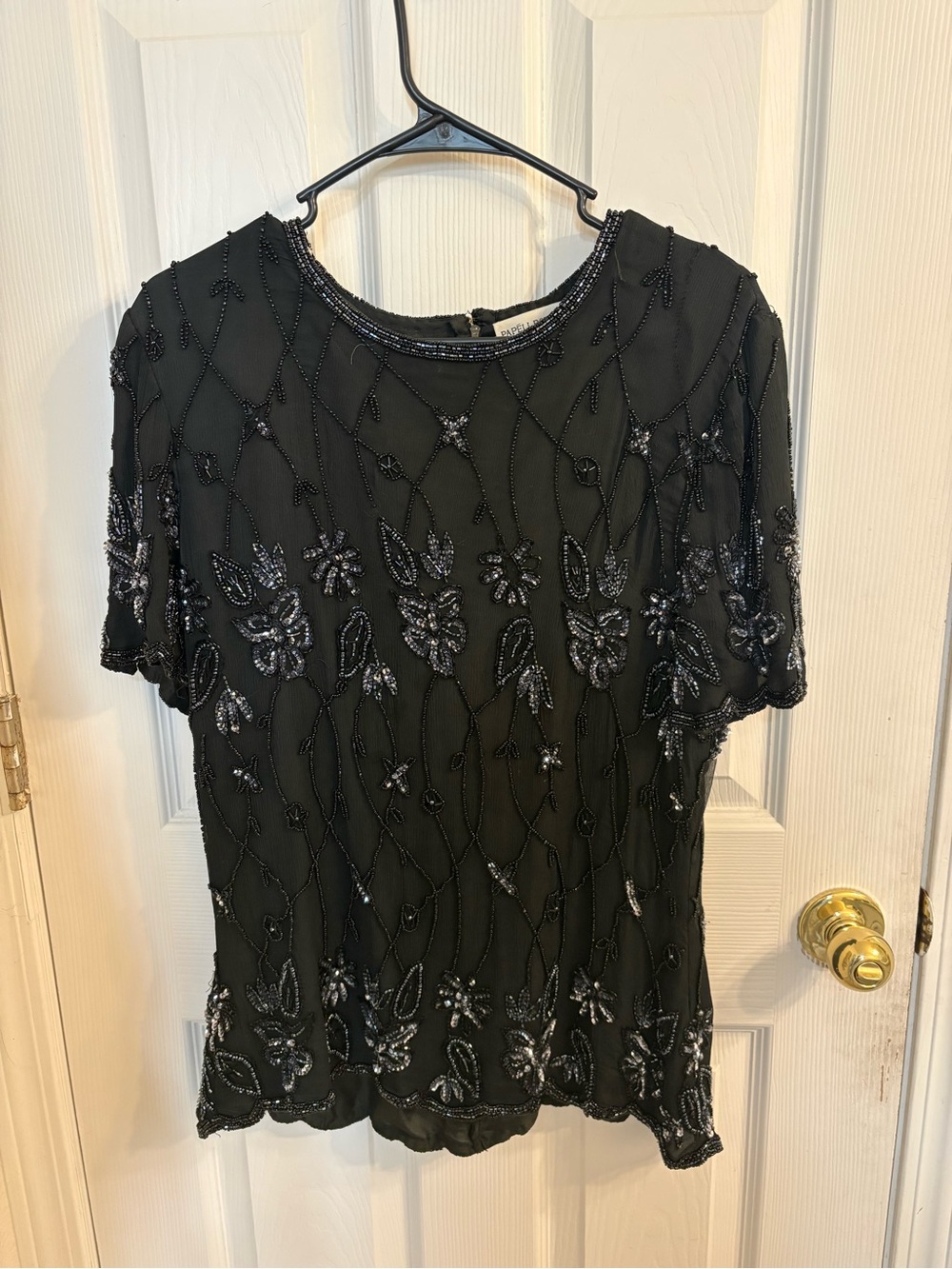 Papell Boutique Silk Black Beaded Floral Short-Sleeve Top